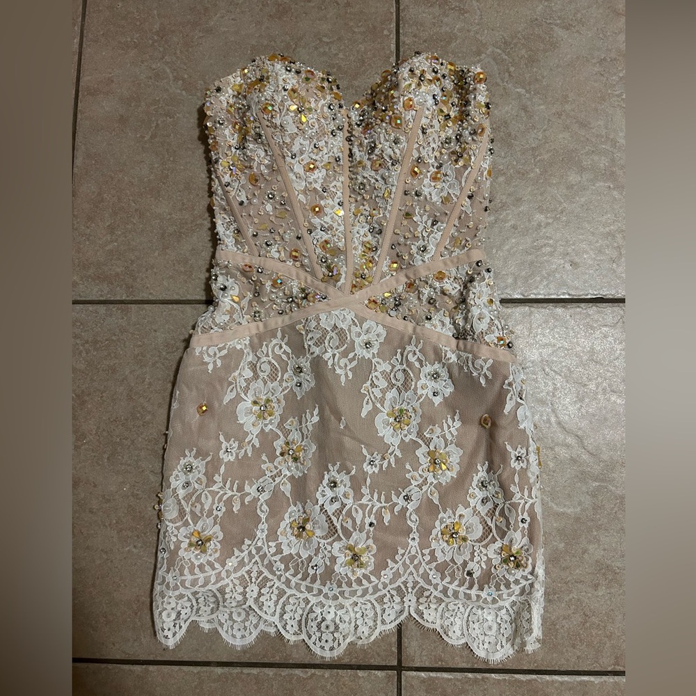 Sherri Hill Nude lace sequin corset dress